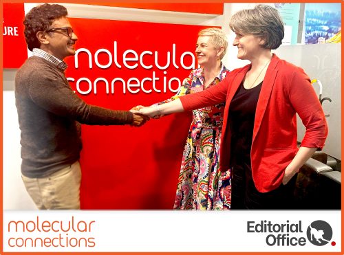 Alice and Gill from Editorial Office Ltd shaking hands with Jignesh Bhate, CEO of Molecular Connections